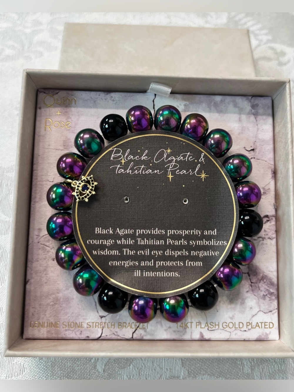 Black Agate & Tahitian Pearl Stretch Bracelet with Charm, Genuine Stone 14k